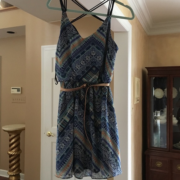 Women’s Blue Multicolor Floral Patterned Cross Back Dress with Belt | Macy’s - Picture 1 of 3