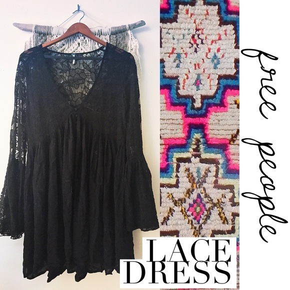 🖤RARE🖤Free People Black Lace Bell Sleeve Dress - Picture 1 of 7