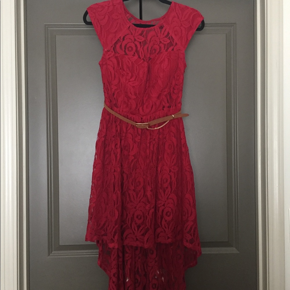 Rose lace red high-low dress with belt