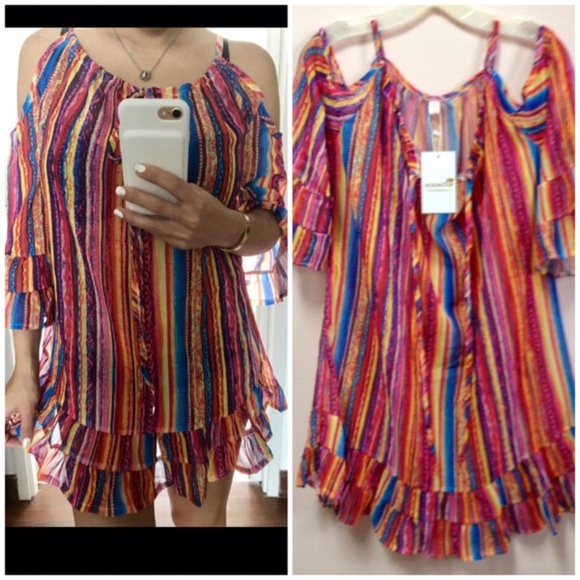 Rainbow Ruffle Cold-Shoulder Beach Coverup Dress - Picture 6 of 7