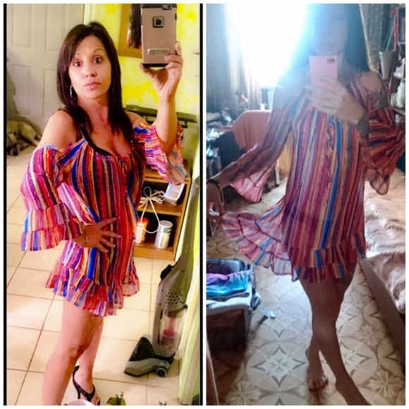 Rainbow Ruffle Cold-Shoulder Beach Coverup Dress - Picture 4 of 7