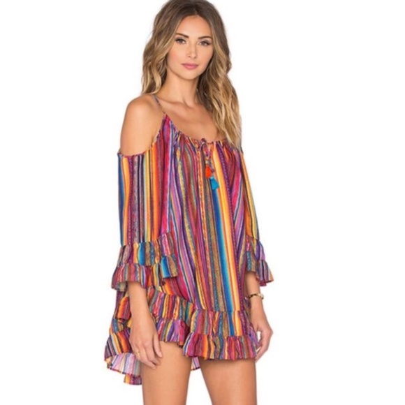 Rainbow Ruffle Cold-Shoulder Beach Coverup Dress - Picture 2 of 7