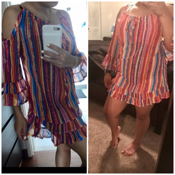 Rainbow Ruffle Cold-Shoulder Beach Coverup Dress - Picture 7 of 7