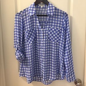 Blue checked long sleeve blouse
