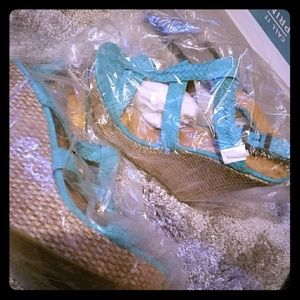 Call it Spring NEVER WORN teal wedge sandal