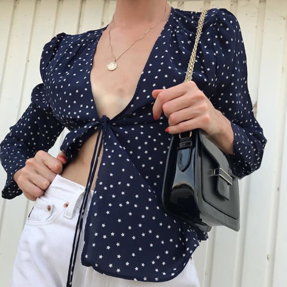 tie front star blouse in blue