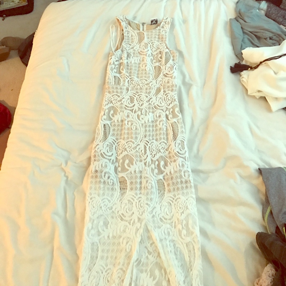 Floor length nude/white lace dress