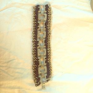 Gold, silver, crystal &black ribbon cuff bracelet