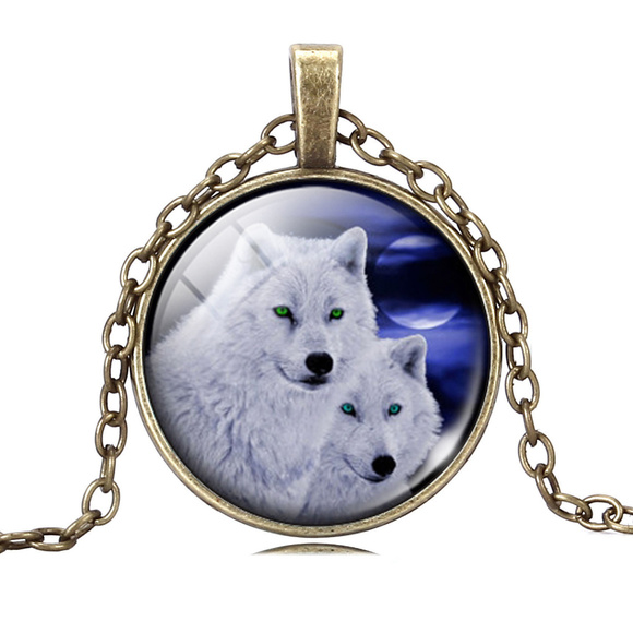 Two Wolves Cabochon Pendant Necklace - Picture 1 of 1