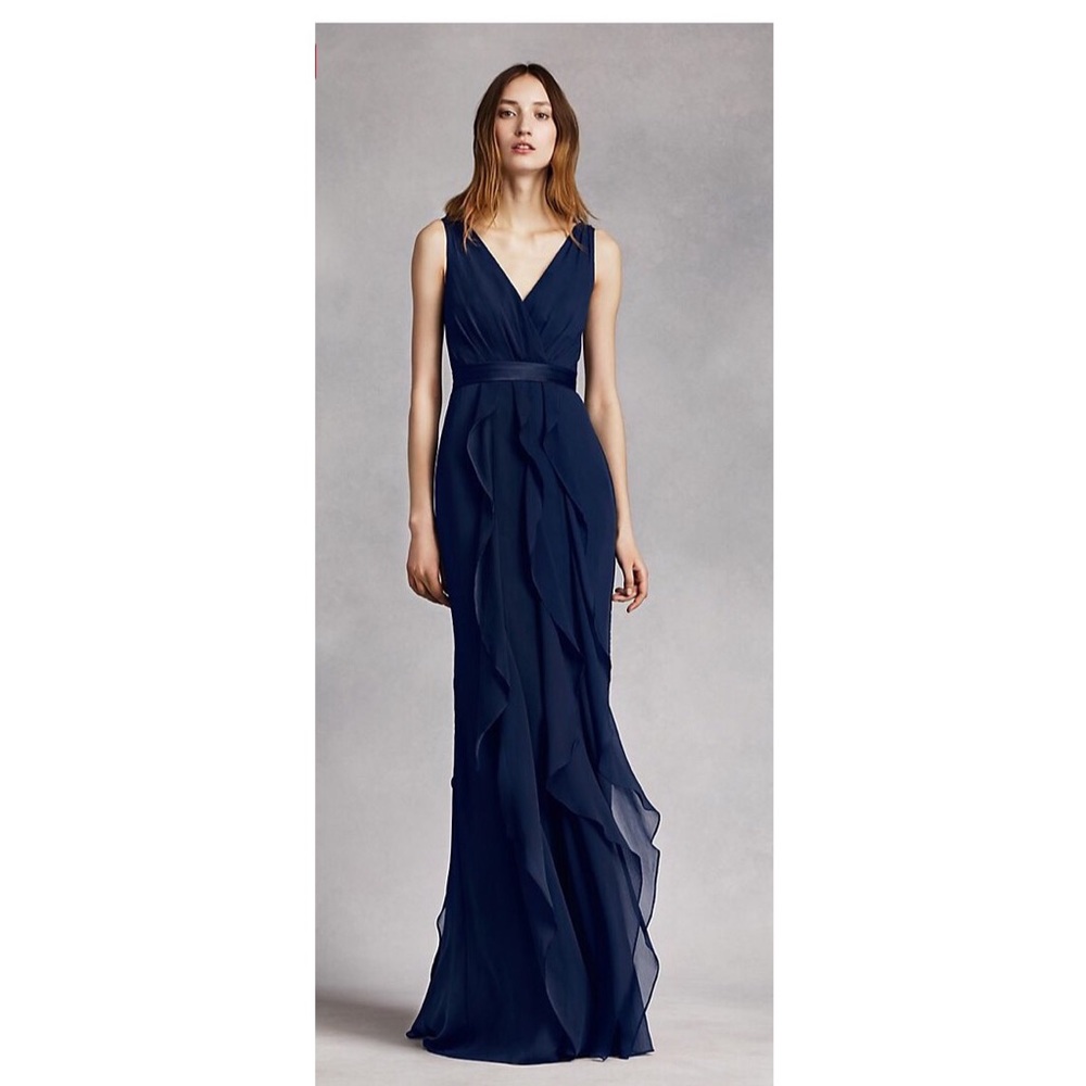V-Neck Wrapped Bodice Dress with Satin Belt.