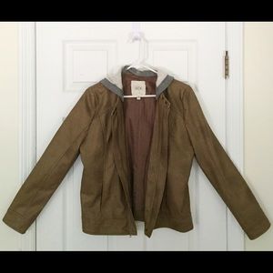 Faux Leather Brown Jacket with Grey Hood