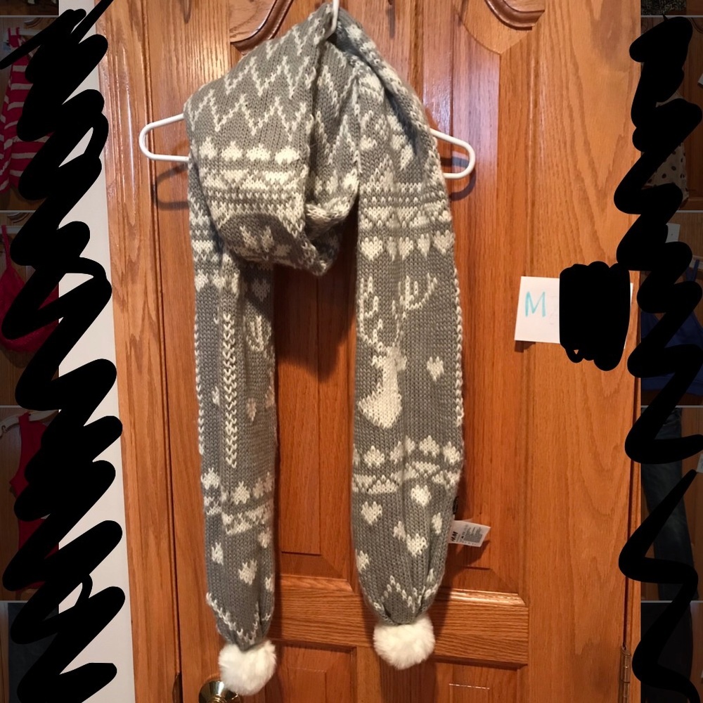 Gray and white oversized scarf, White Pom Pom ball