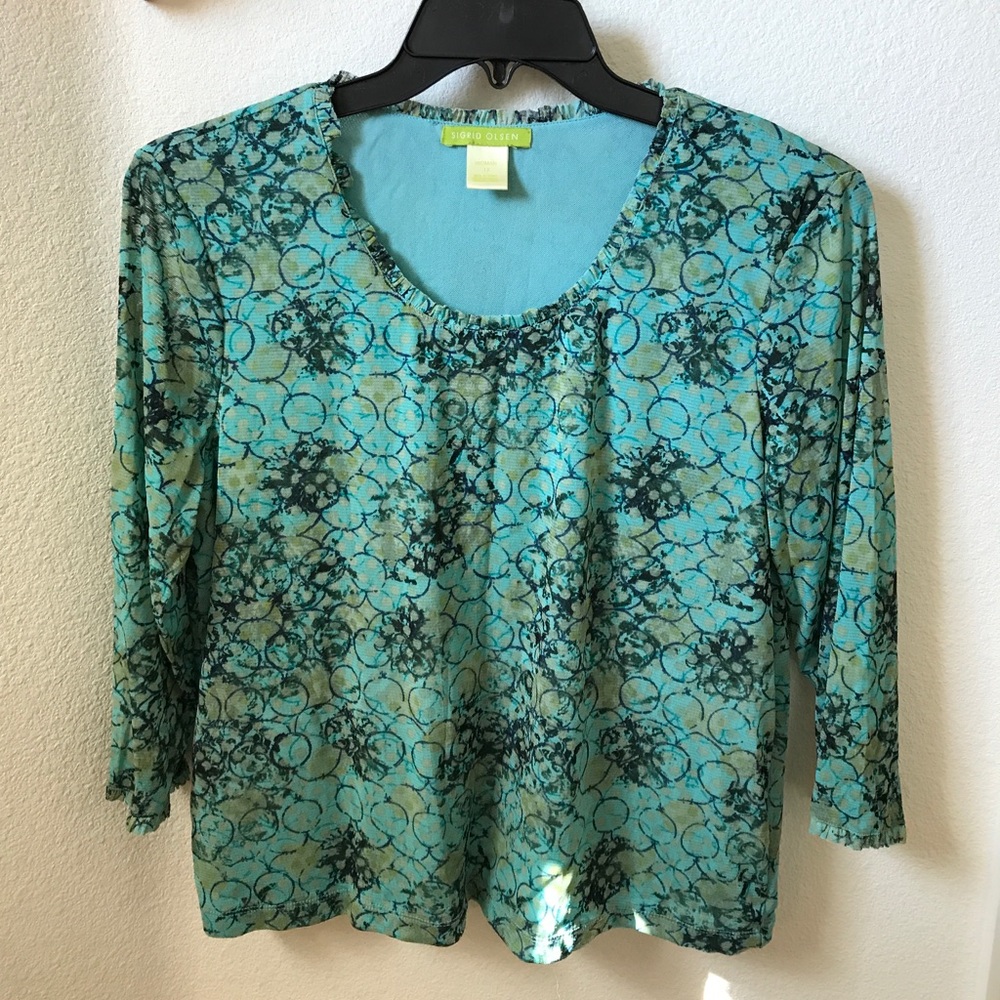 Sigrid Olsen Blue Green Top w/ 3/4 length Sleeves