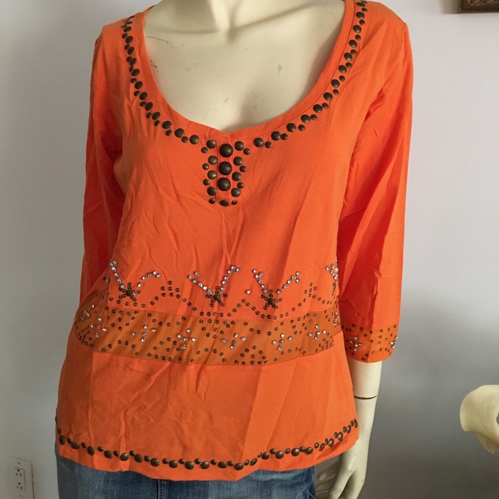 Blue Les Copains 3 button beaded 3/4 sleeve top