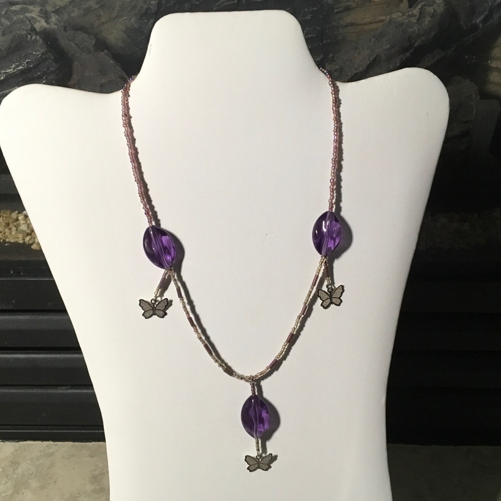 Purple Hand made toggle necklace with butterflies