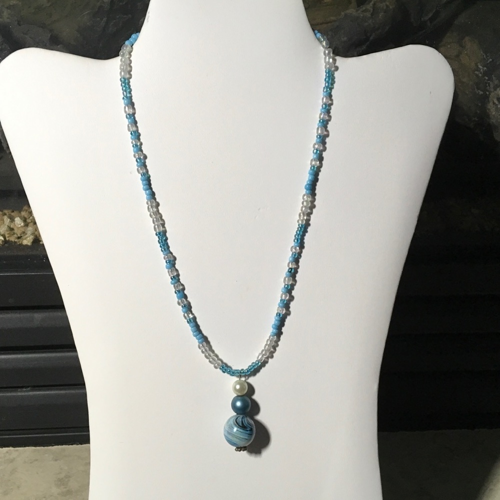 Hand made toggle necklace in blue and white