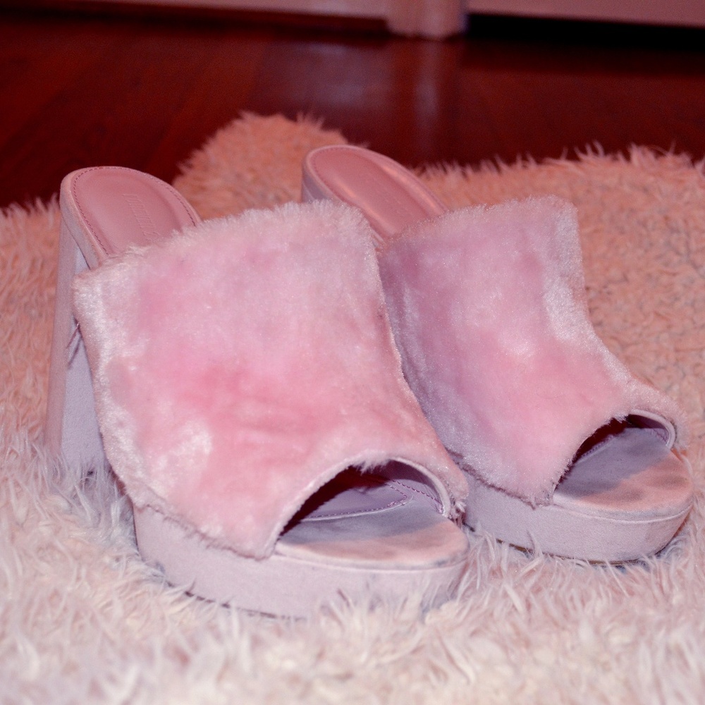 Pink Faux Fur Mules
