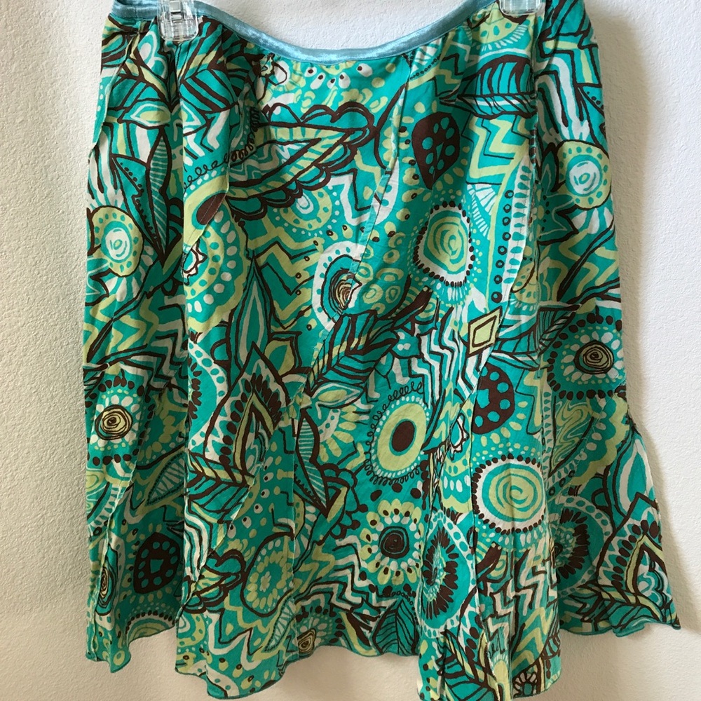 Green, Chartruse, Brown, Cream Cotton Print Skirt