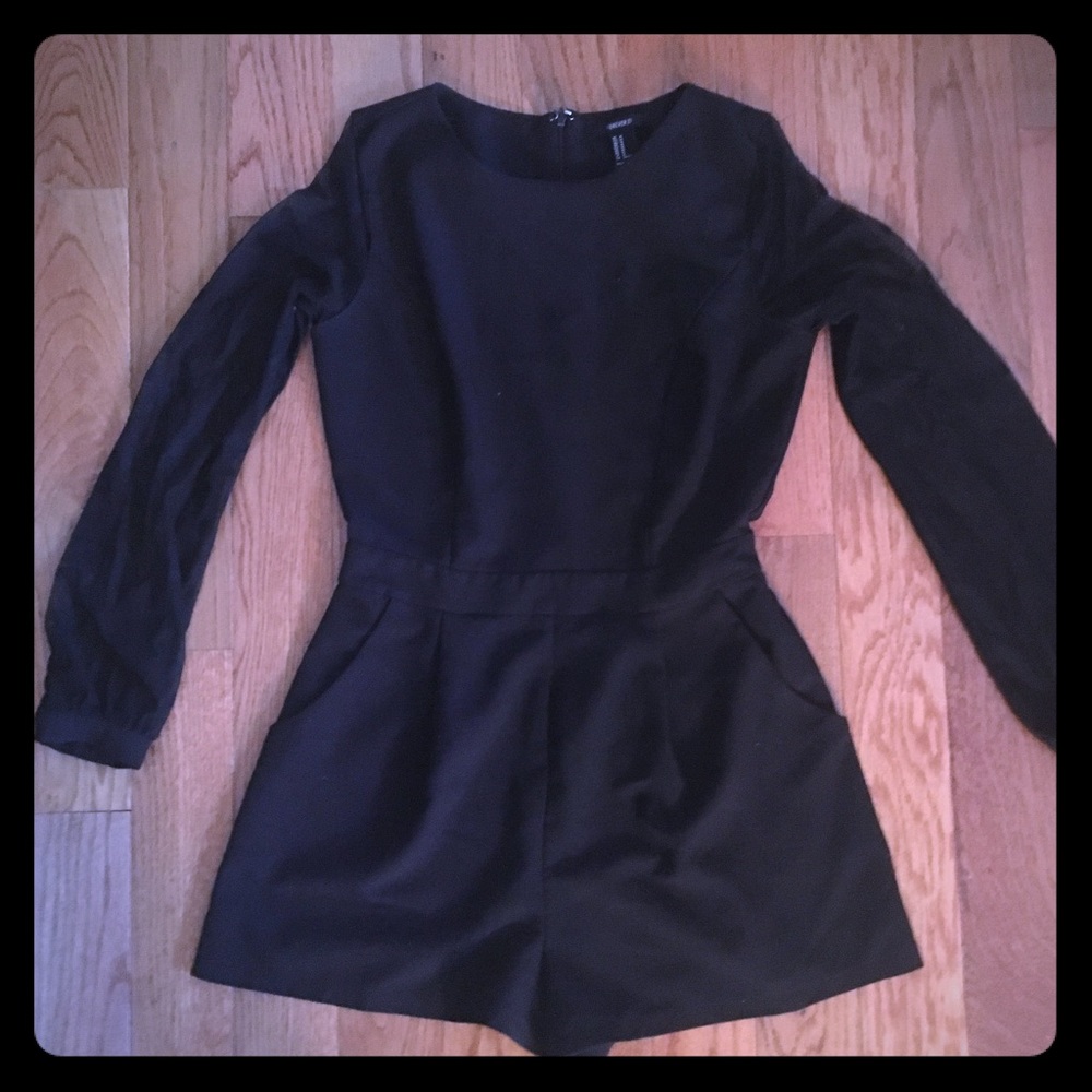 Black Romper with Polka Dot Mesh Sleeves