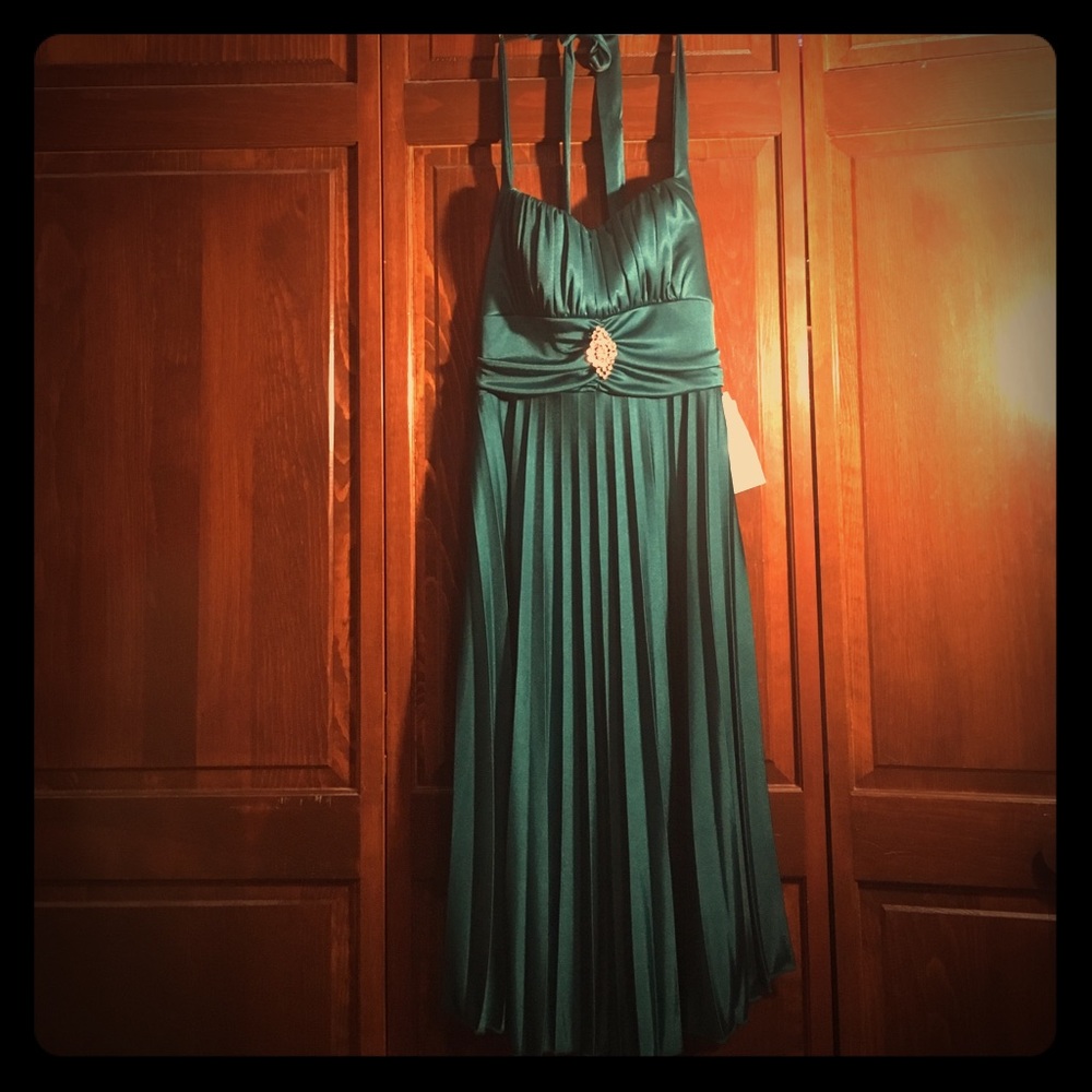 Homecoming Dark Green Dress Pleated Halter NWT