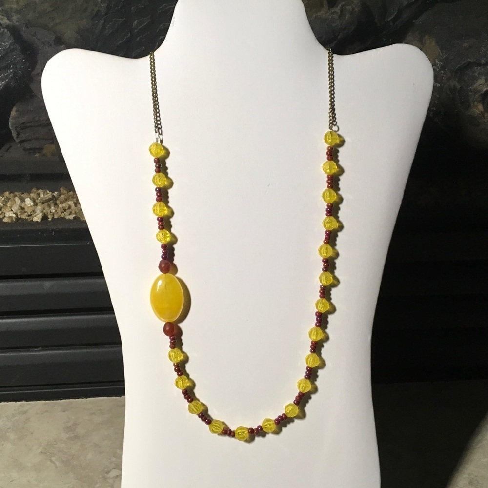 Yellow and maroon hand made necklace