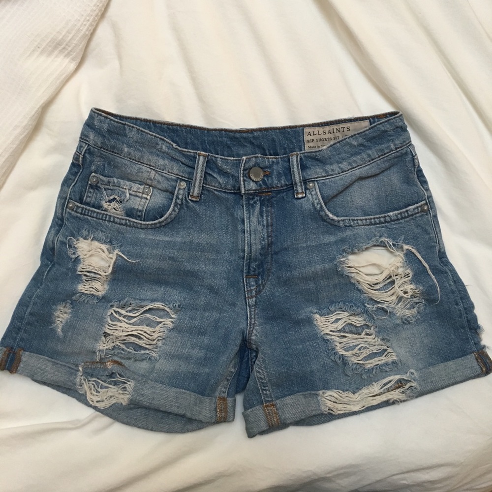 AllSaints Destroyed Denim Rip Shorts Size 26