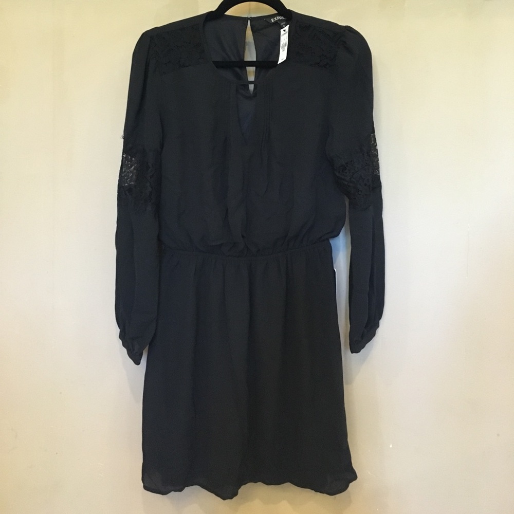 New Express black lace panel sleeve boho dress, M