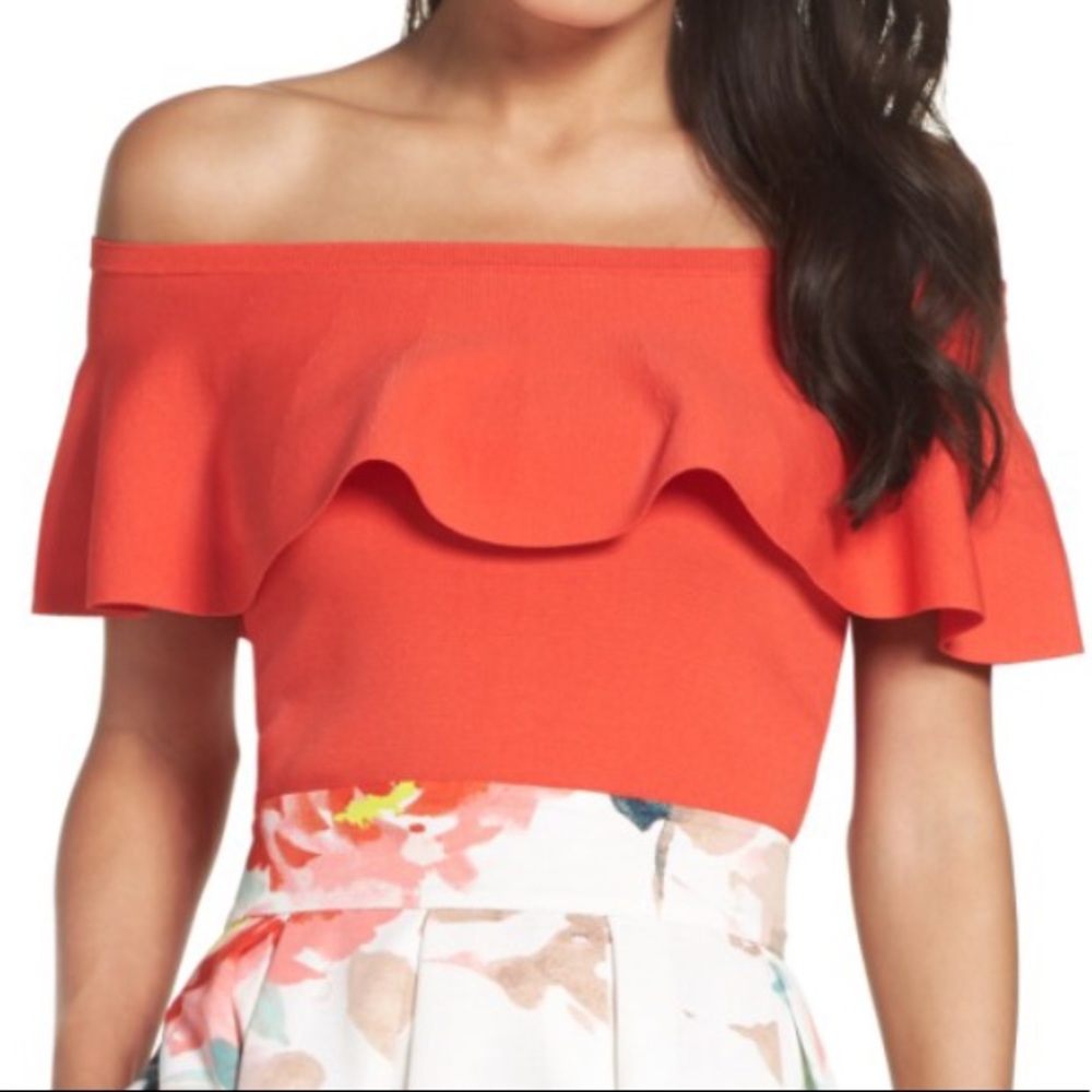 Eliza J orange ruffle off the shoulder top