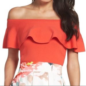 Eliza J orange ruffle off the shoulder top