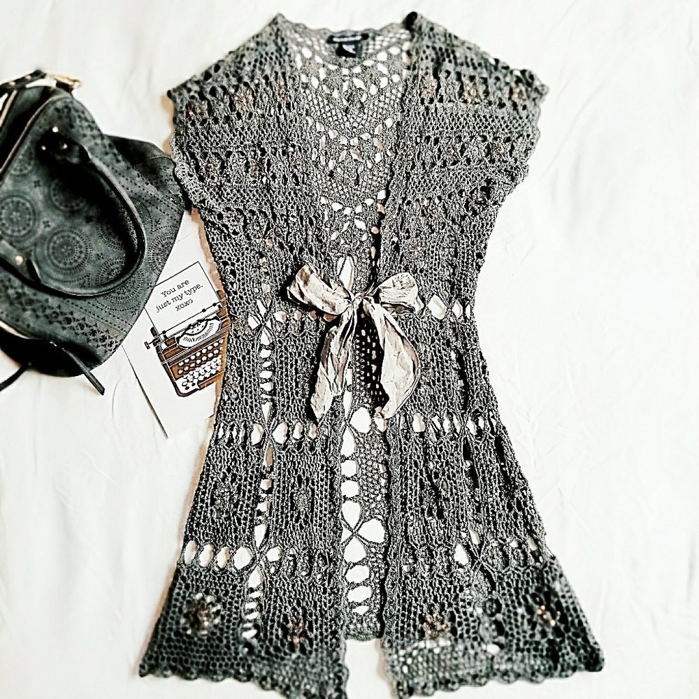 Boston Proper Crochet & Bow Cardigan