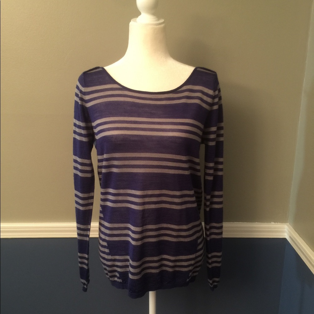 Thin blue and grey/white stripe sweater shirt.