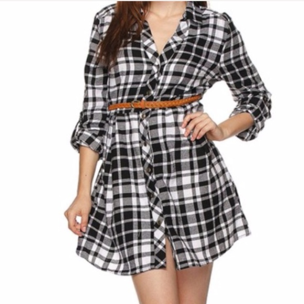 100% Cotton Black Plaid Flannel Belted Shirt Dress - Picture 3 of 5