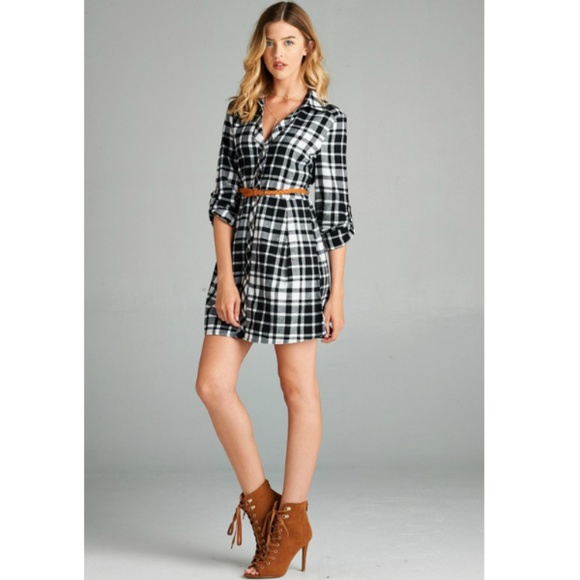 100% Cotton Black Plaid Flannel Belted Shirt Dress - Picture 4 of 5