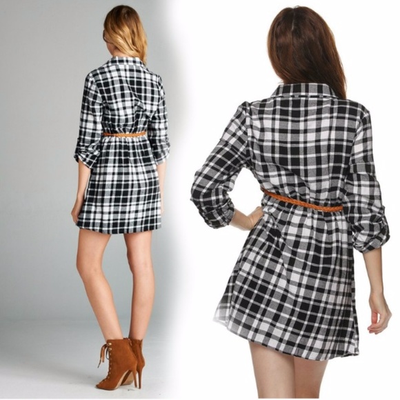 100% Cotton Black Plaid Flannel Belted Shirt Dress - Picture 2 of 5