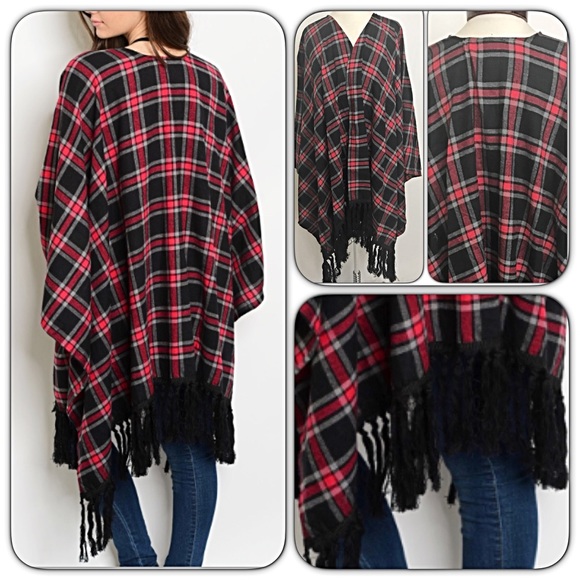 Plaid Tassel Kimono Cardi Poncho Wrap Sold - Picture 2 of 5