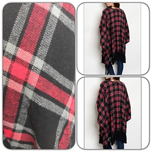 Plaid Tassel Kimono Cardi Poncho Wrap Sold - Picture 3 of 5