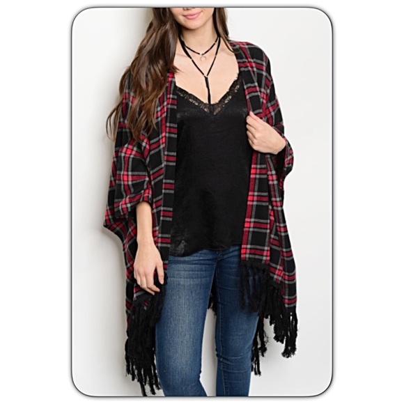Plaid Tassel Kimono Cardi Poncho Wrap Sold - Picture 4 of 5