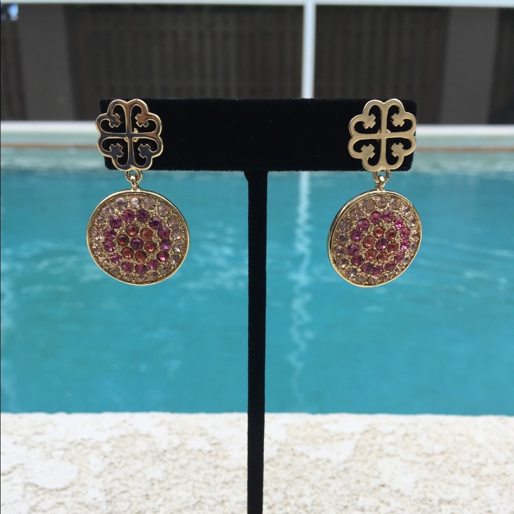Goldtone Pink Crystal Pave Button Dangle Earrings