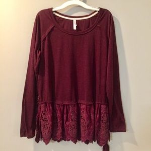 XHILARATION Wine Colored Long Sleeve Boho Top