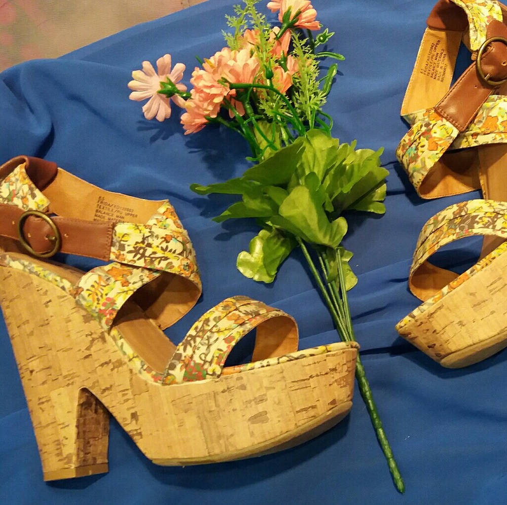 XOXO Floral Cork Wedge Platforms