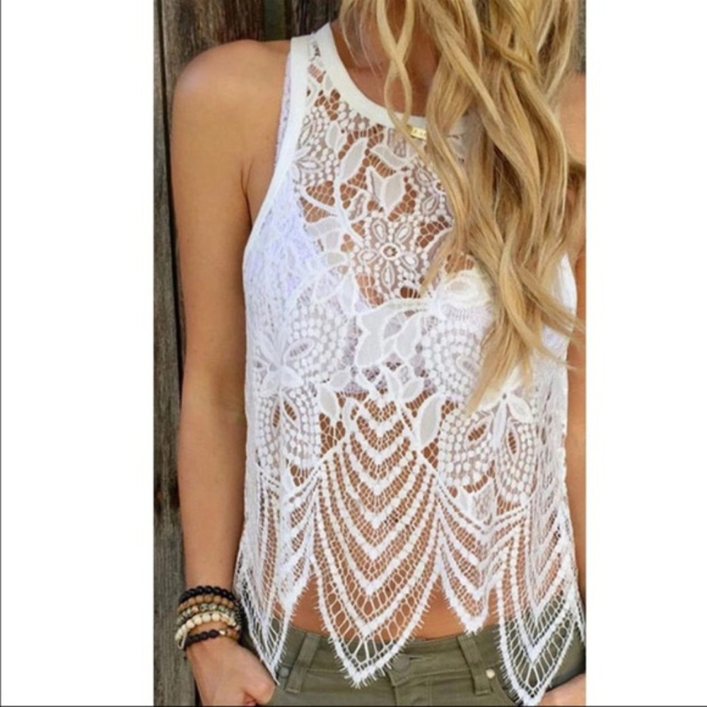 Summer Beach White Lace Sleeveless Tank Top + Gift - Picture 2 of 8
