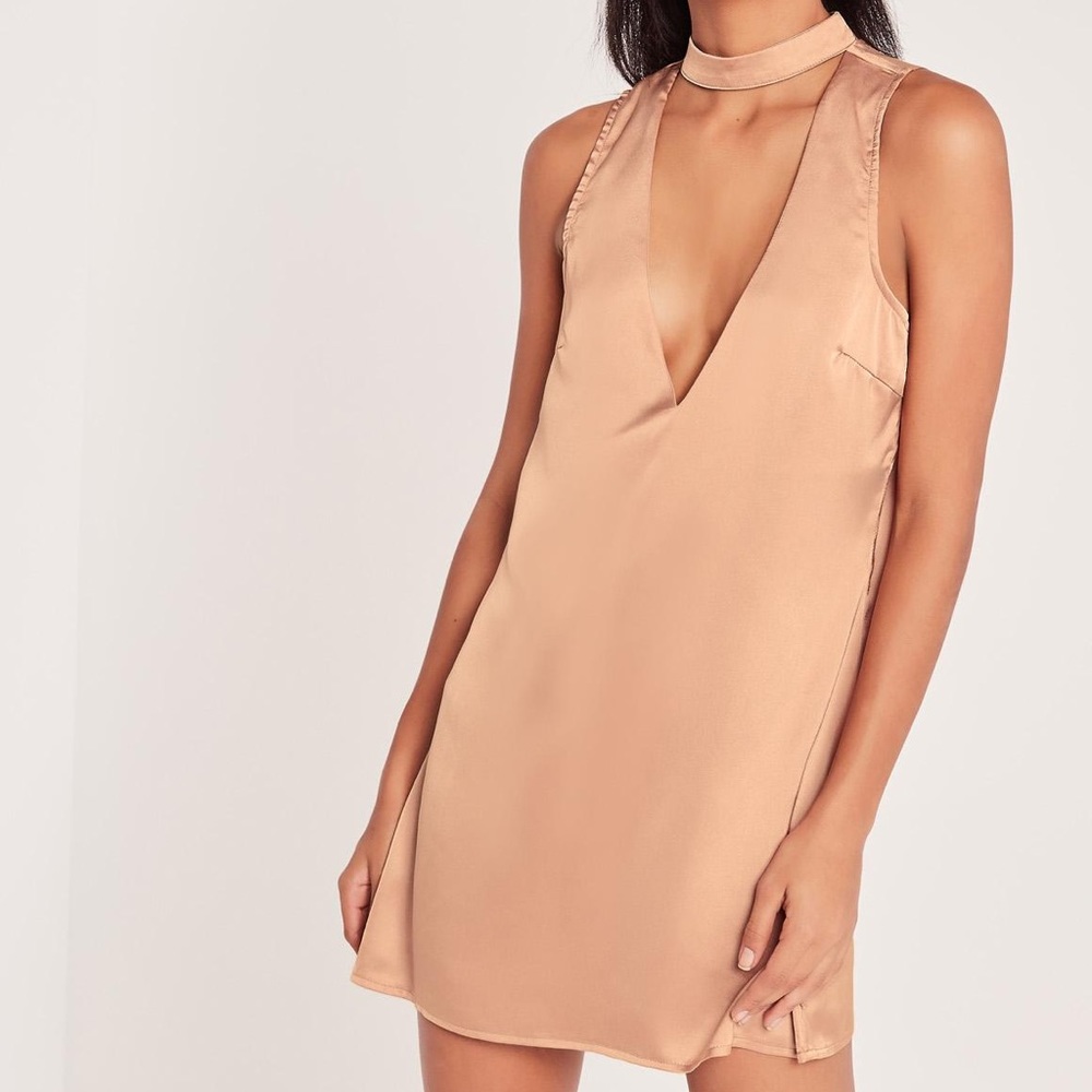 missguided dusty pink satin choker neck dress
