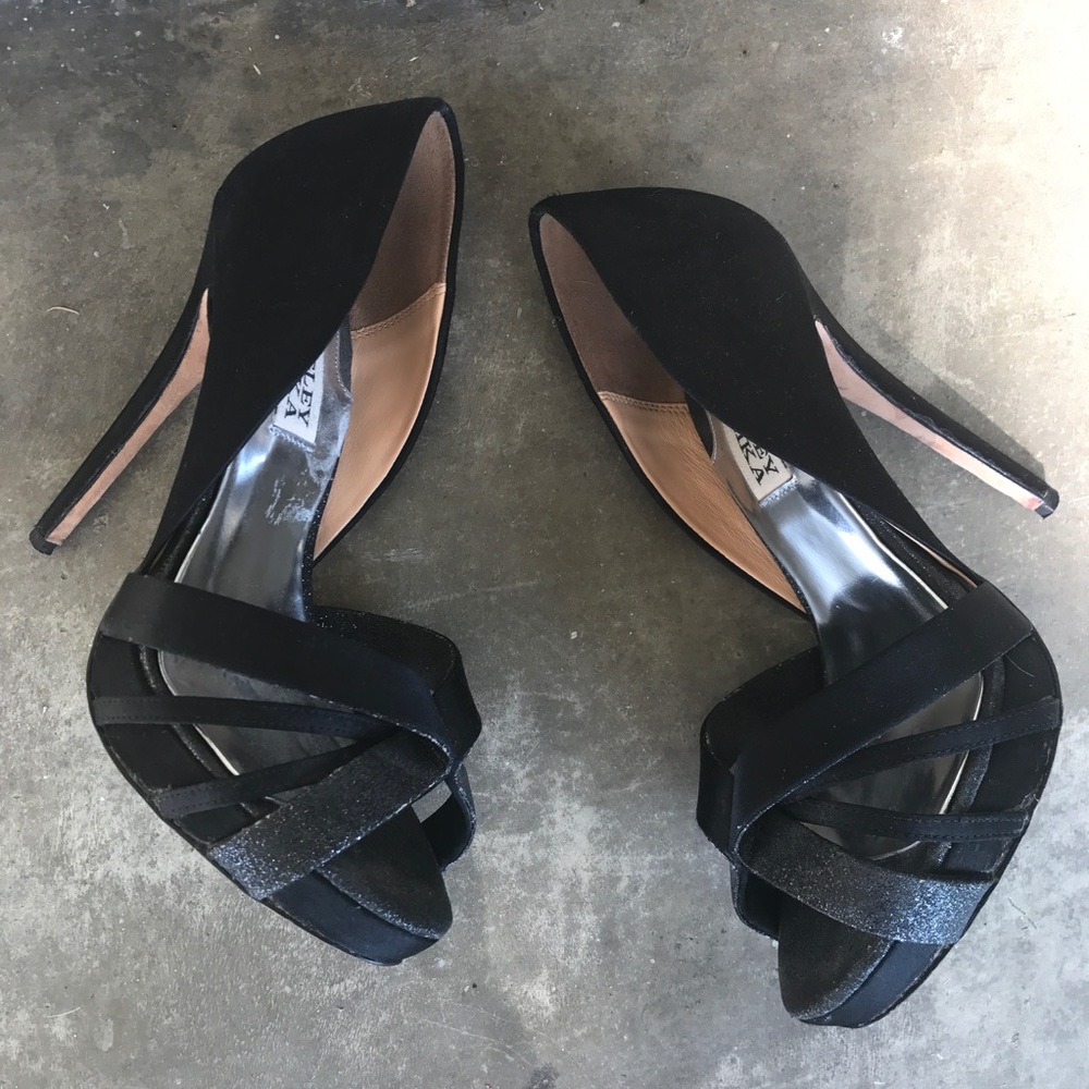 Black satin peep toe pumps