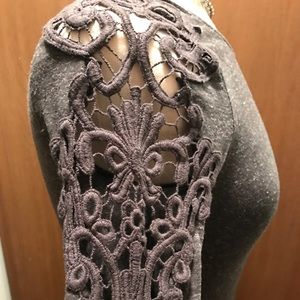 Dark gray fitted shift with lace cutout shoulders