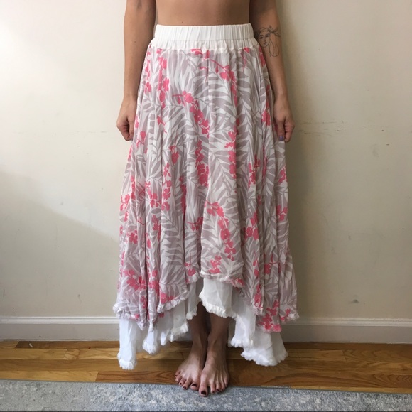 Free People Dresses & Skirts - Free People Coral White Floral Asymmetrical Skirt