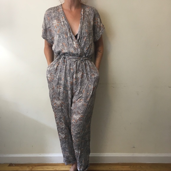 Free People Pants - Free People Grey Floral Printed Cropped Jumpsuit