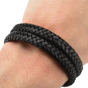 Double Strap Black Braided Leather Bracelet