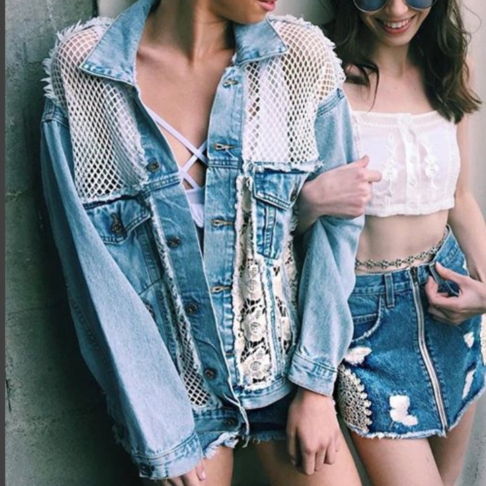 LF CARMAR CROCHET & NET INSERT DENIM JACKET