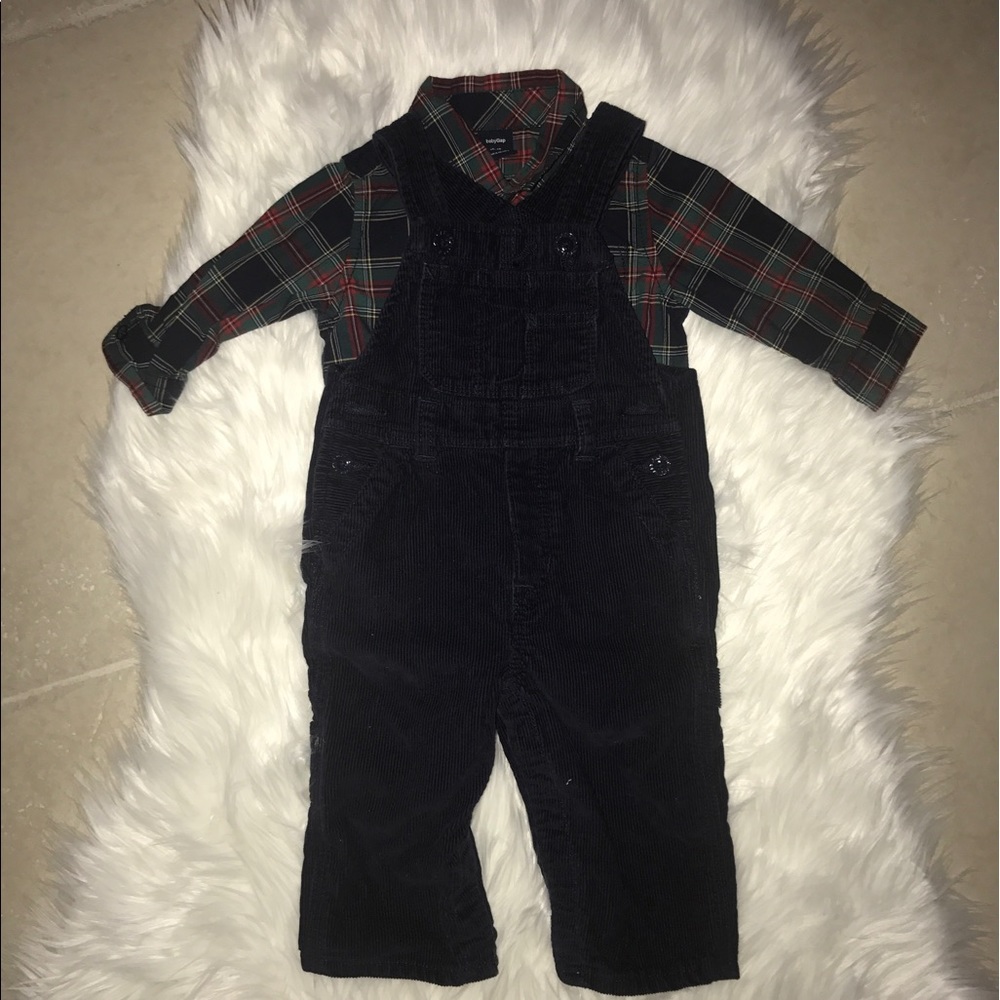 Baby gap cute boy outfit overalls and plaid onsie