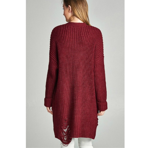 Long Sleeve Knit Distressed Midi Cardigan - Picture 2 of 3